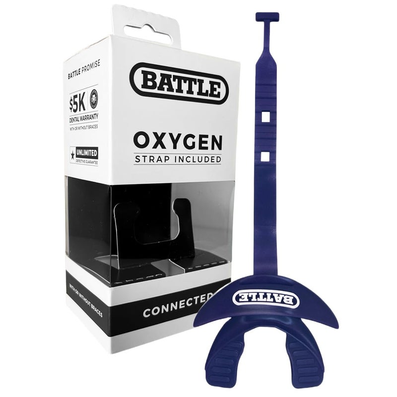 Battle Oxygen Lip Protector Mouth Guard with Connected Strap, Football and Sports Gear, Maximum Oxygen Supply, Mouthpiece Fits With or Without Braces - One Size, Navy - Image 1